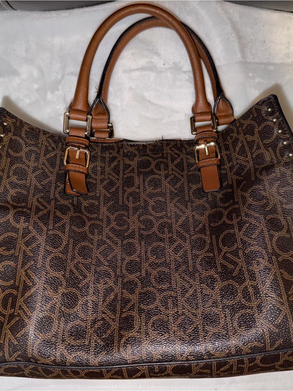 Calvin Klein Brown Monogram Tote with Tan Handles and Gold Hardware